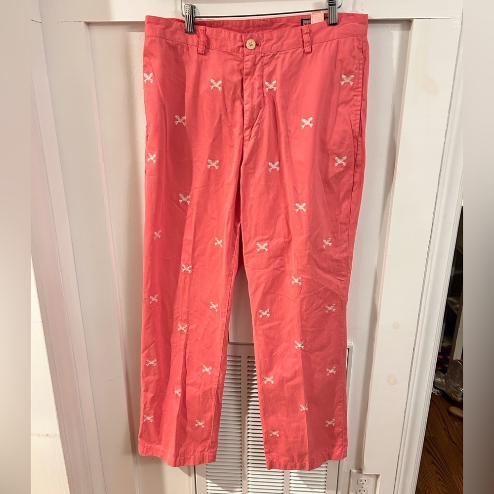 Vineyard Vines Coral Chinos with Embroidered fish bones 34x30
